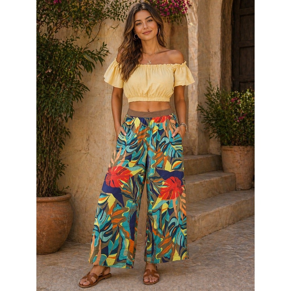 Soft Surroundings 100% Linen Wide Leg Pants L Tropical Stretch Vacation Boho